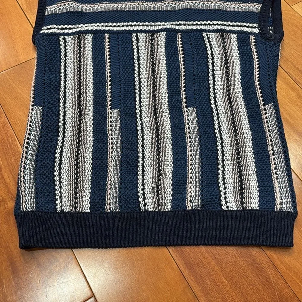 Tory Burch Knit Linen Blend Navy Blue‎ Striped Crochet geometric Top Size XS